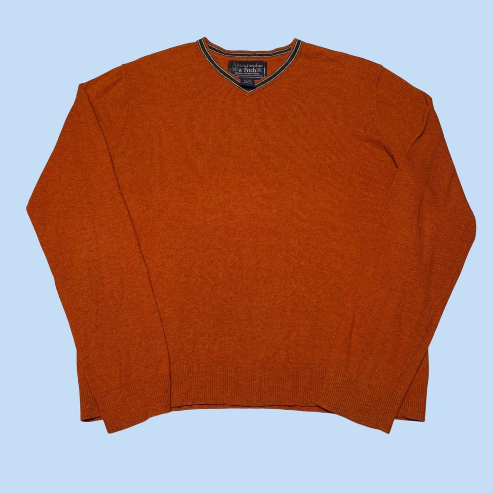 Abercrombie & Fitch Mens XL Burnt Orange Wool Cotton V-Neck Tipped Sweater